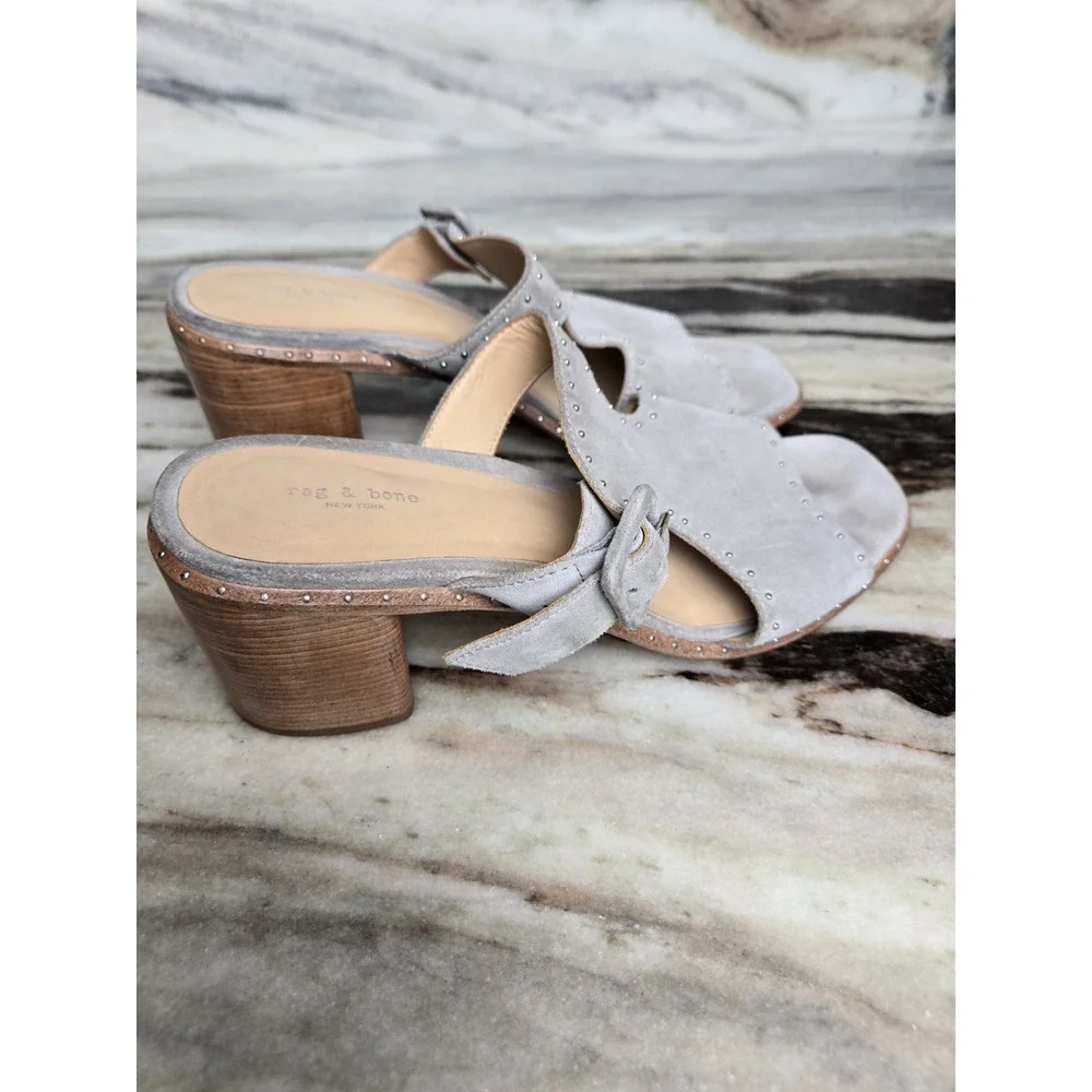 Rag & Bone Gray Suede Studded Open Toe Slip On Block Heels Sandals 37 Minimalist